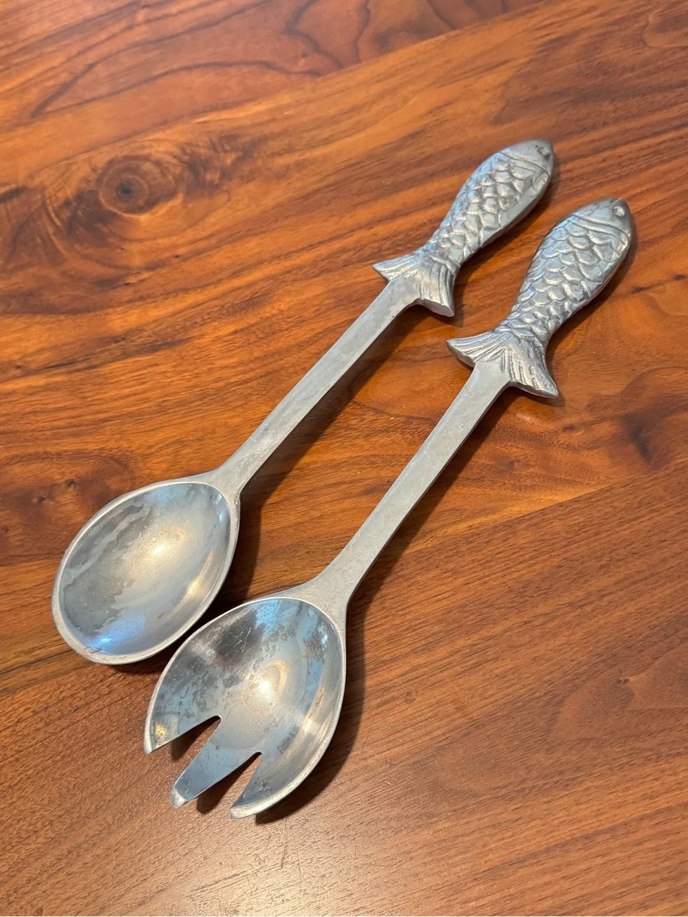 Vintage Fish Handle Aluminum Salad Serving Set in Silver